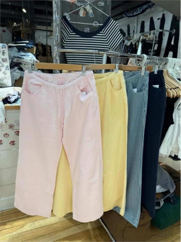 Pink Sweet Drawstring Loose Pants Women New Sexy Low Waist Pockets Straight Long Pant Baggy Cute Preppy Style Chic Trousers Y2K
