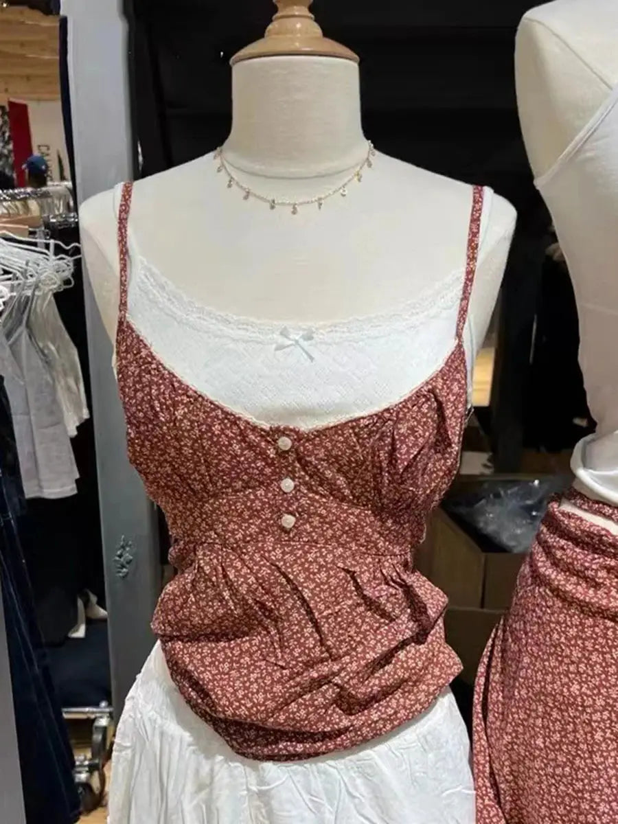 Navy Dot Slim Buttons Tank Top Woman Summer New Lace Trim V-neck Back Lace-up Cotton Camis Clothes Vintage Sweet Crop Tops Y2K
