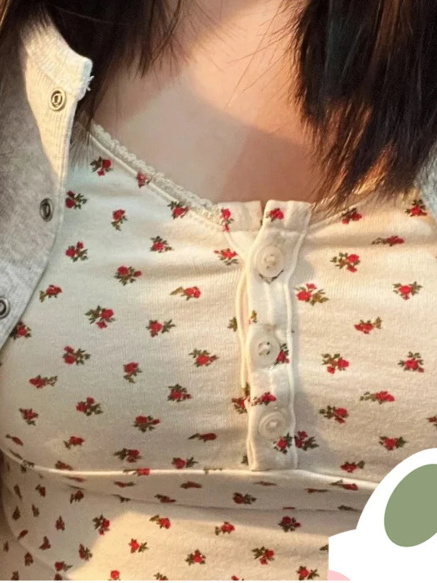 Sweet Floral Print Lace Trim Crop Top Women Summer Button Casual Cotton Slim Sleeveless Vests Female Vintage Cute Chic Y2K Camis