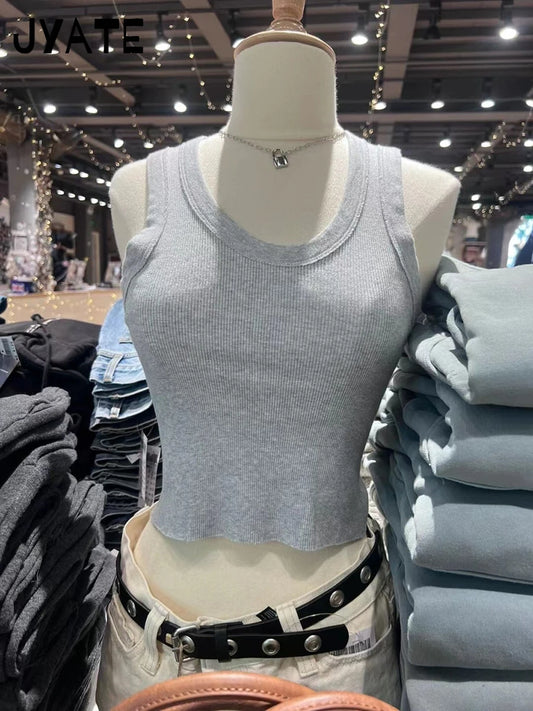 Simple Ribbed U-neck Crop Tops Women New Cotton Casual Slim Preppy Style Sleeveless Cropped Vest Vintage Basic Chic Tank Top Y2K