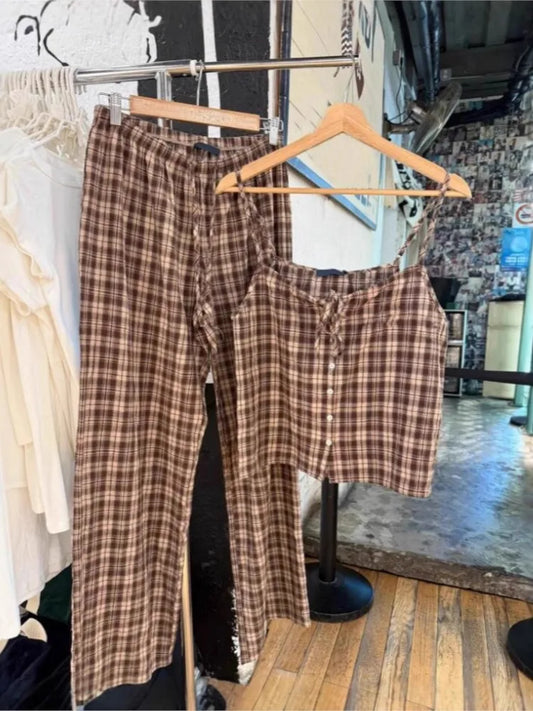 Retro Plaid 2 Piece Outfits Women Summer Casual Cotton Buttons Tank Tops+Drawstring Long Pants Sweet Cute Camisole Home Sets Y2K
