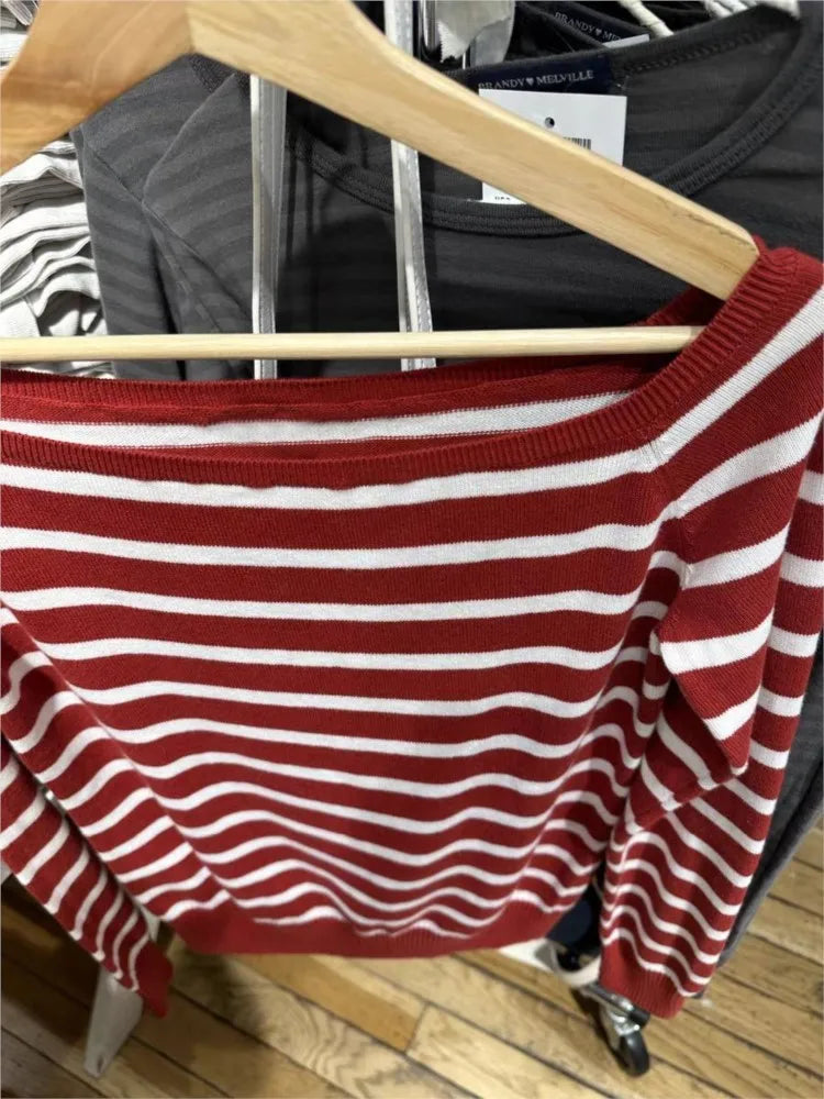 Red Striped Knit Sweater Women Autumn Streetwear Slash Neck Long Sleeve Pullovers Preppy Style New Sweet Casual Chic Jumpers Y2K