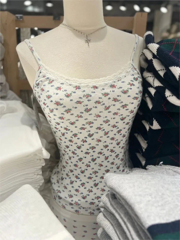 Sweet Red Floral Eyelet Slim Tank Top Women Spring Lace Trim Sleeveless Cotton Crop Tops Casual Cute Preppy Style Y2K Camis New