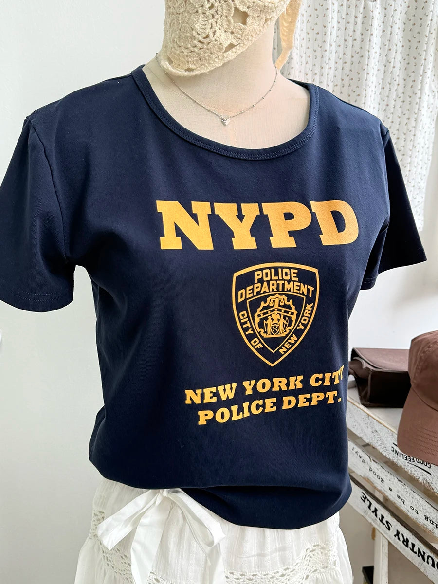 NYPD Print O-neck T-shirts Women Summer Casual Streetwear Cotton Slim Short Sleeve Tees Female Vintage Chic Preppy Style Tshirts