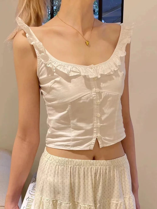 Sweet White Ruffles Buttons Crop Tops Women Summer Cotton Scoop Neck Preppy Short Sleeve Tee Vintage Chic Slim Cute T-shirts Y2K