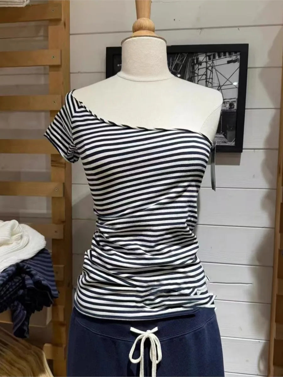 Off-shoulder Style Striped T-shirts Women Summer Sexy Slim Cotton Short Sleeve Tee Female Vintage Sweet Chic Tshirt Y2K Tops New