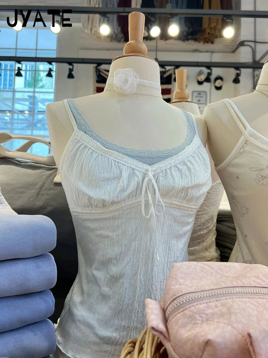 Sweet Texture Lace-up White V-neck Camisole Women New Slim Casual Lace Trim Sleeveless Vests Vintage Chic Preppy Style Crop Tops