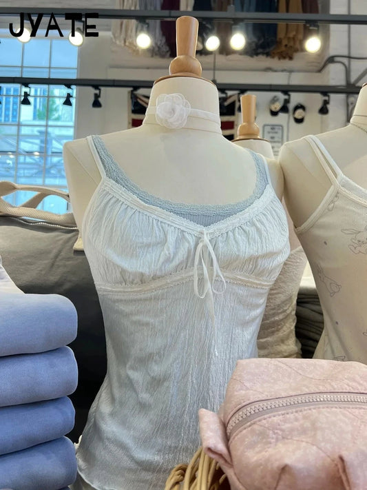 Sweet Texture Lace-up White V-neck Camisole Women New Slim Casual Lace Trim Sleeveless Vests Vintage Chic Preppy Style Crop Tops