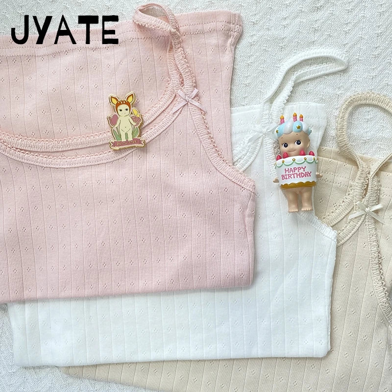Sweet Lace Trim Eyelet Bow Tank Tops Women Cotton Soft Casual Solid Slim Basic Sleeveless Vests Cute Preppy Style Camisole Y2K
