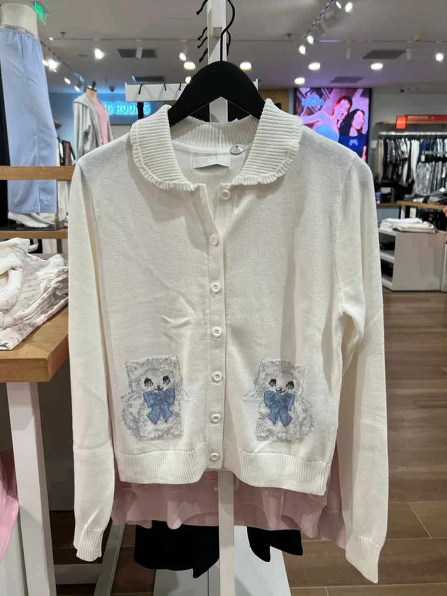 Cat Crochet Buttons Babydoll Top Cardigan Women Autumn Beige Lace collar Cotton Knitted Jumper Sweet Cute Preppy Style Sweater
