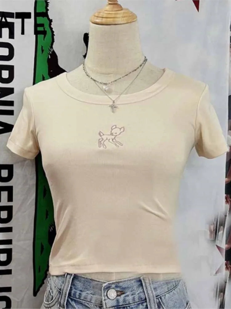 Cute Koala Embroidery Crop Tops Women Summer Casual Slim Cotton Cropped Short Sleeve Tees Female Sweet Preppy Style T-shirts Y2K