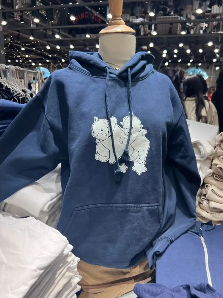 Angel Star Print Hoodie Women Autumn Pocket Long Sleeve Pull Sweatshirts Sweet Preppy Style Cute Oversized Hoodies Tops Y2K New