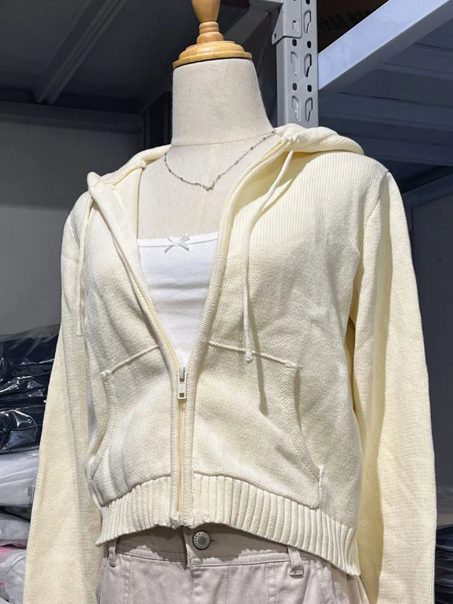 Sweet Twisted Flower Knitted Cardigan Sweater Women Long Sleeve Drawstring Hooded Zipper Streetwear Cute Sweaters Coat Y2K Tops