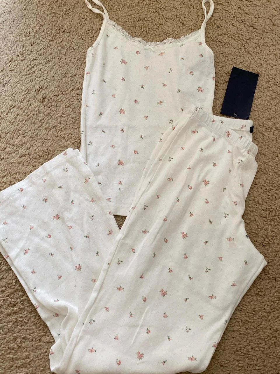 Pink Heart Slim Home Pajama 2 Piece Sets Women Summer Lace Trim Bow Camis+Cozy Straight Trouser Sweet Preppy Style Tank Pant Set
