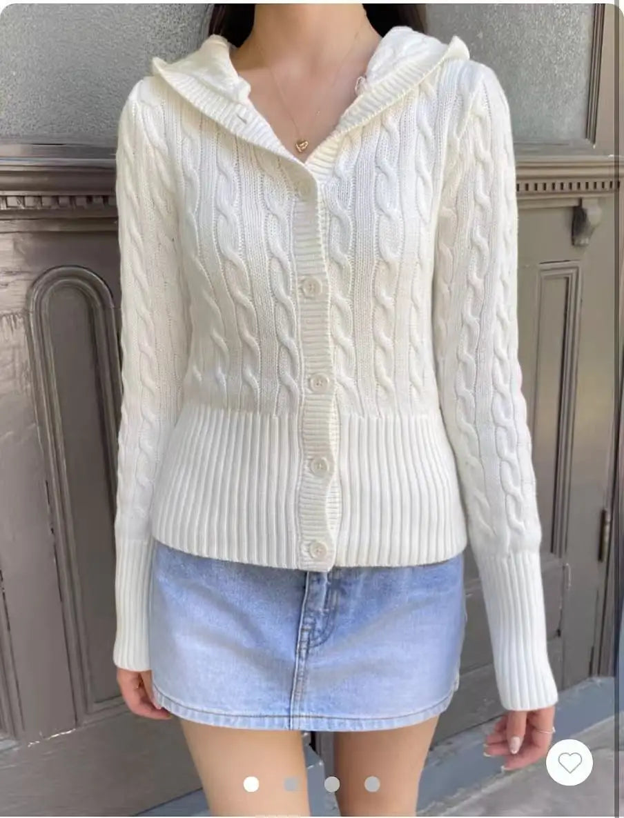 Twist Flower Beige Buttons Slim Sweater Women Autumn Pocket Hooded Long Sleeve Knitted Hoodie Sweet Preppy Style Simple Sweaters