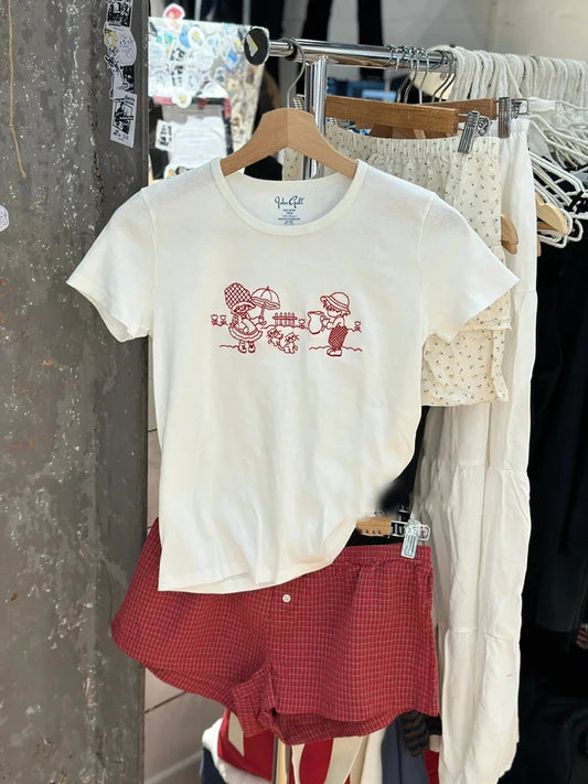 Girls and Cats Embroidery Slim T-shirt Women New Cotton Round Neck Short Sleeve Tees Sweet Preppy Style Cute Top Y2k T shirts