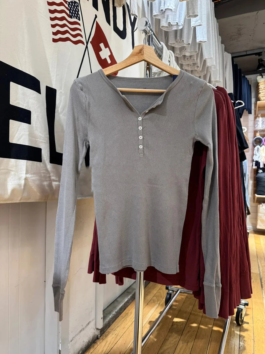 Green Vintage Ribbed Long Sleeve Tee Women's Autumn Six Button Cotton Casual Patchwork Slim T-Shirts Simple Chic Streetwear Tops