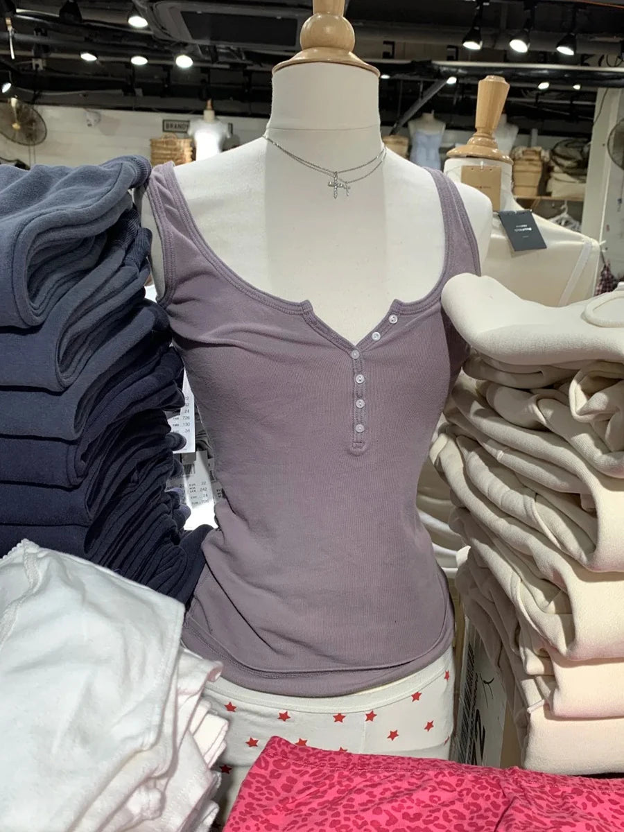 Solid Six Buttons Slim Tank Top Woman Summer Casual Streetwear U Collar Sleeveless Cotton Vest Femal  American Vintage y2k Tops