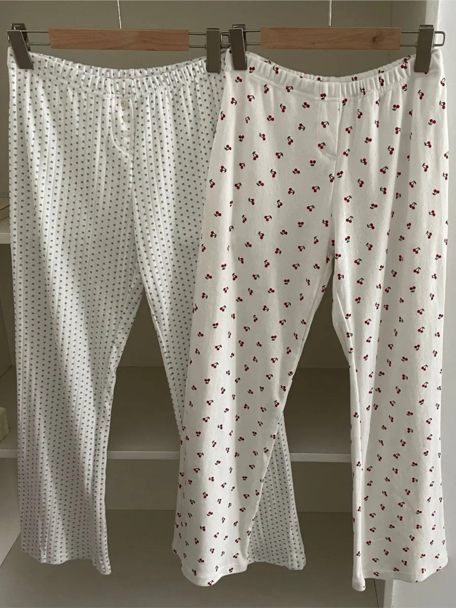 Cute Print Cotton Long Pants Women All-match Soft Elastic High Waist Pajama Trousers Sweet Vintage Preppy Style Home Pant Y2K