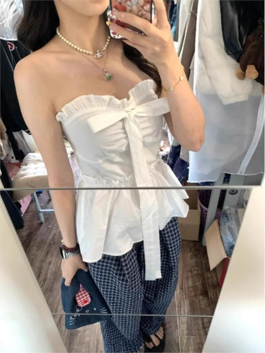 Sexy White Bow Ruffle Tube Top Women Summer New Streetwear Slim Sleeveless Tank Tops Female Sweet Chic Preppy Style Camisole Y2K