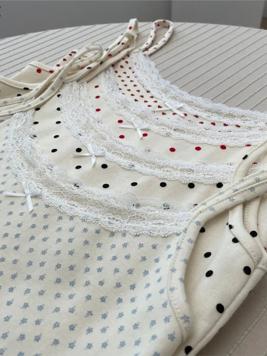 Cute Print Lace Trim Bow Tank Tops Women Cotton Casual Slim Sleeveless Crop Top Female Sweet Preppy Style Camisole Y2K Clothes