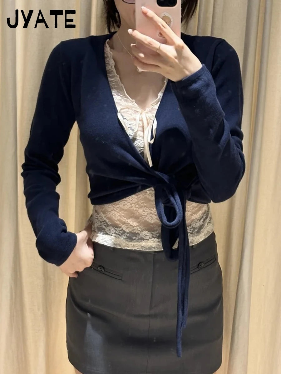Blue Lace-up Knitted Mohair Sweater Cardigan Women Solid V-neck Cute Long Sleeve Sweaters Sweet Vintage Knitwear Y2K Crop Tops