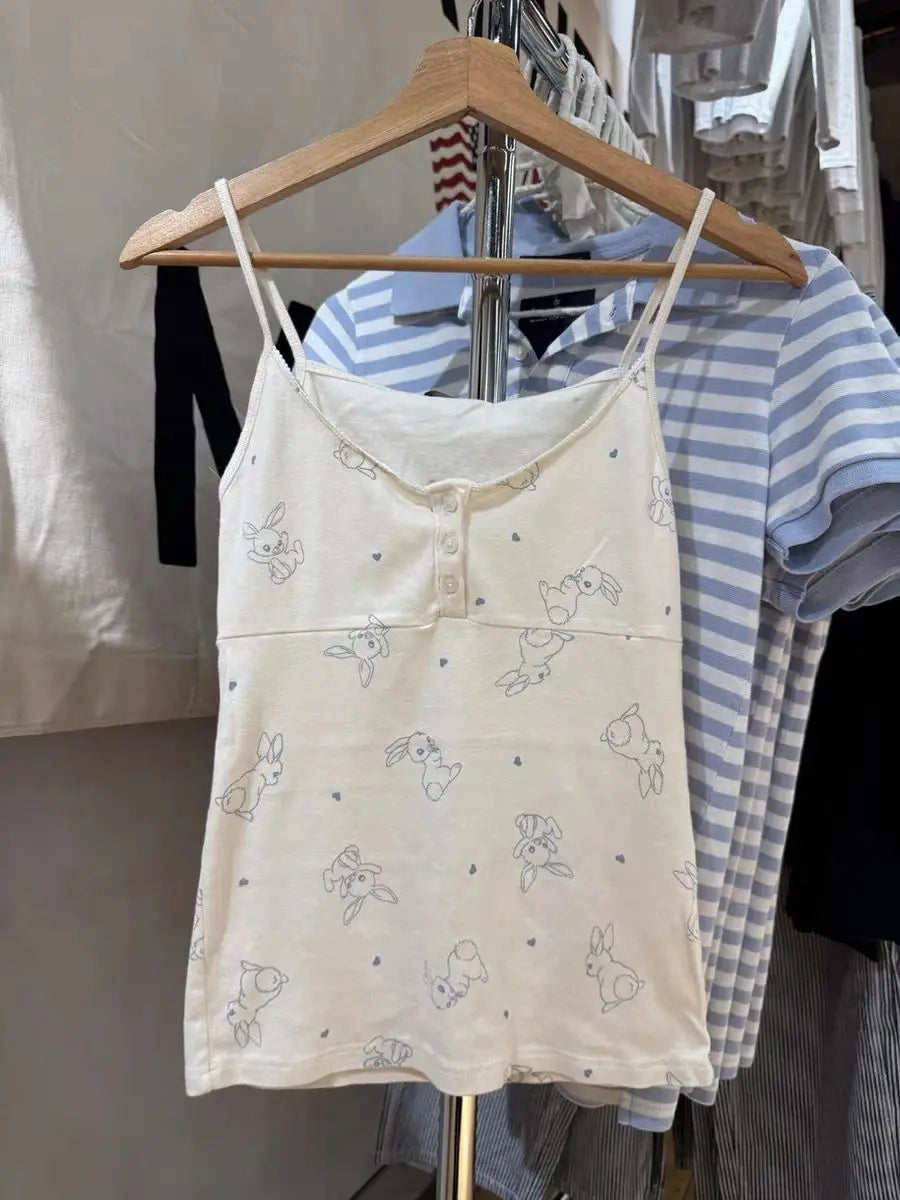 Rabbit Cotton Beige Tank Shorts Sets Woman Eyelet Slim Camisole+Elastic Waist Straight Sweatshorts Sweet Home 2 Piece Outfit New
