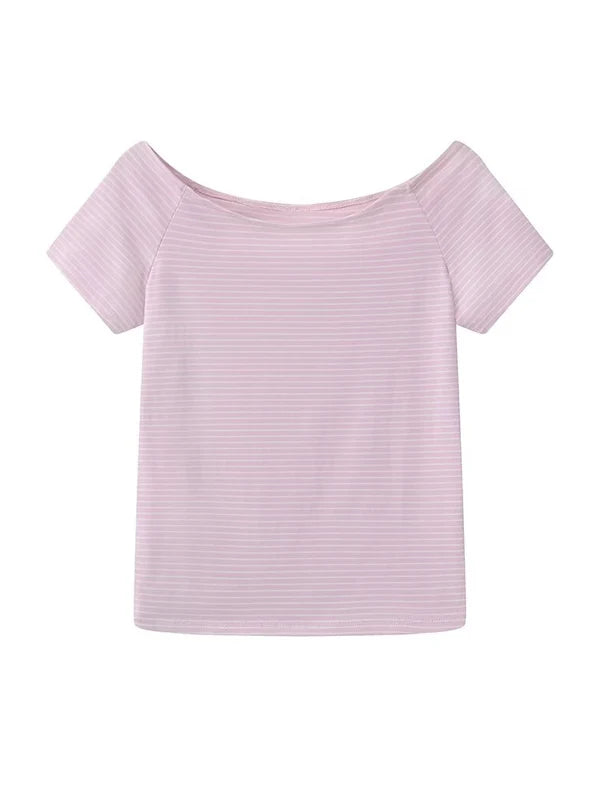 Solid Sexy Slash Neck Short Sleeve Tees Women Summer New Casual Cotton Street Tops Clothes Cute Sweet Preppy Style T-shirts Y2K