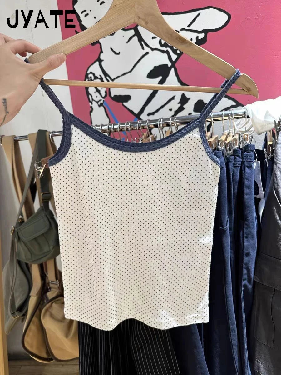 Blue Polka Dots Print Tank Tops Women New Casual Cotton Slim Patchwork Hollow Out Sleeveless Vests Vintage Sweet Cute Camis Y2K