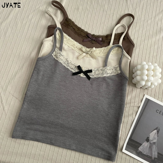 2024 Sweet Lace Trim Bow Tank Tops Women Summer New Casual Solid Slim Preppy Style Cropped Vests Vintage Basic Cute Camisole Y2K