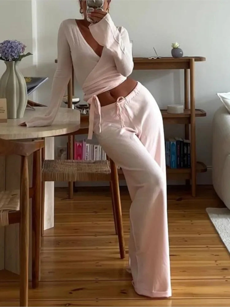 Sweet Lounge Set Vintage 2 Piece Outfit Women Fashion Casual V-neck Waist Tie T-shirt + Elastic Waist Pants Long Sleeve Crop Top