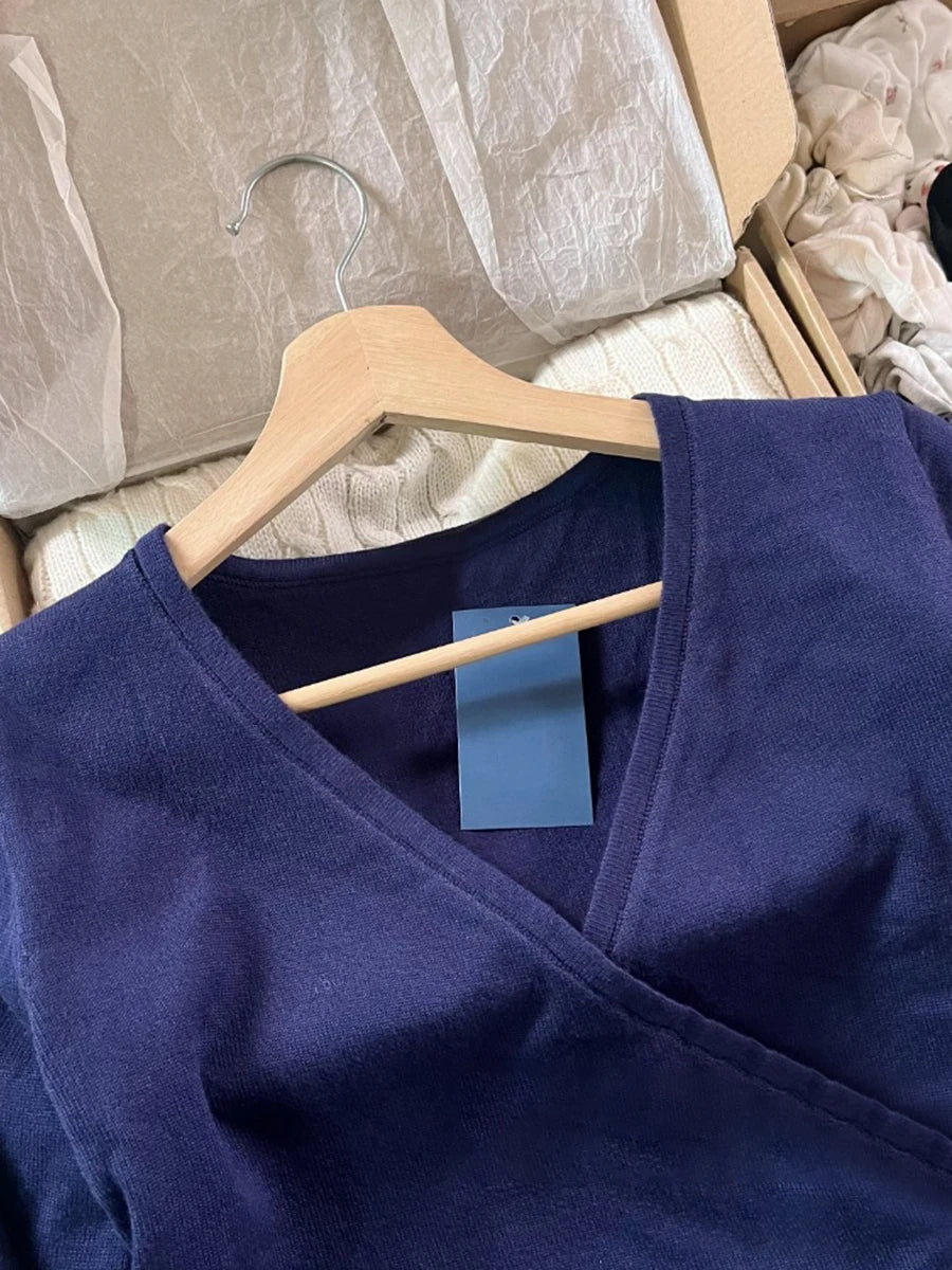 New Navy Lace-up Knitted Long Sleeve T-shirt Cardigan Women Autumn V-neck Casual Smock Wrap Tees American Vintage Crop Tops Y2K