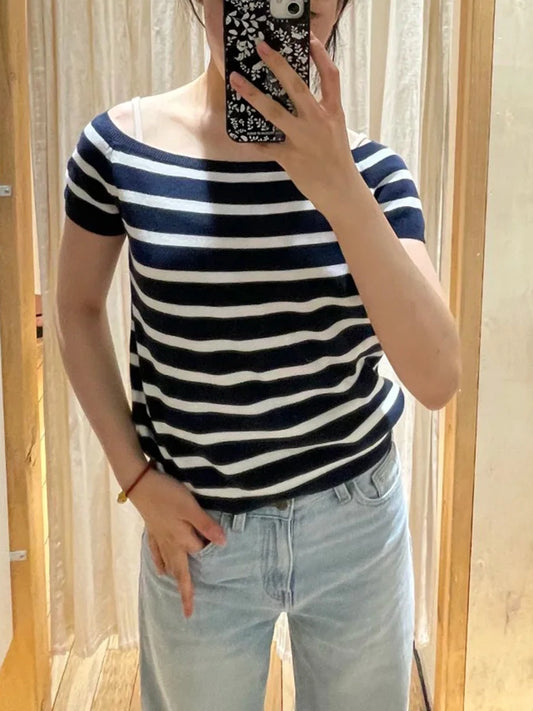 Square Neck Striped Knitted Crop Tops Women Summer Casual Slim Sweater Short Sleeve Tops Vintage Chic Preppy Style T-shirts Y2k
