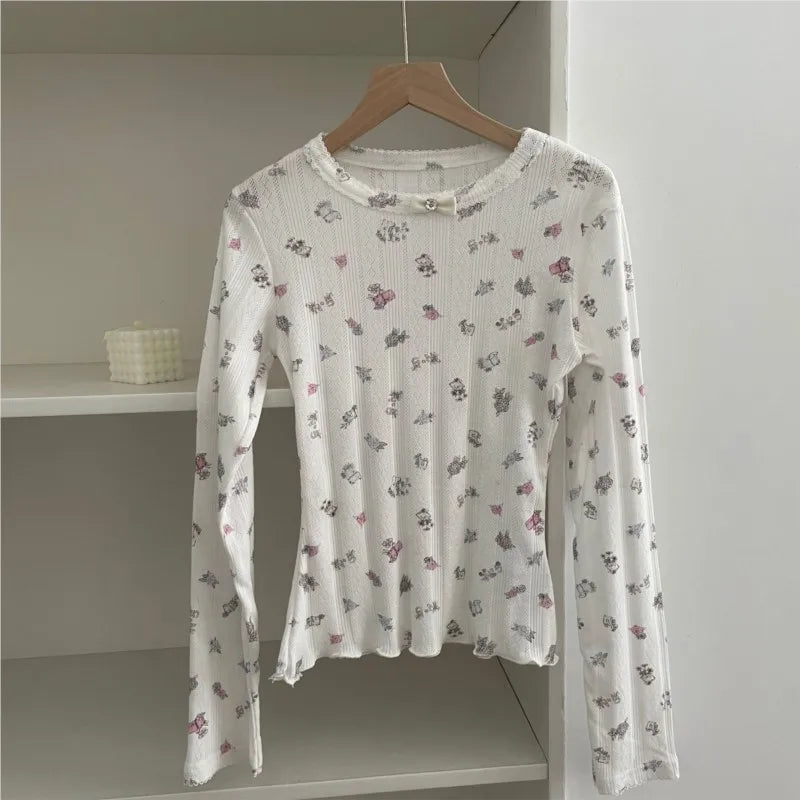 Sweet Lace Trim Long Sleeve Tee Women Summer New Streetwear Casual O-neck Bow Tshirt Tops Vintage Cute Preppy Style T-shirts Y2K