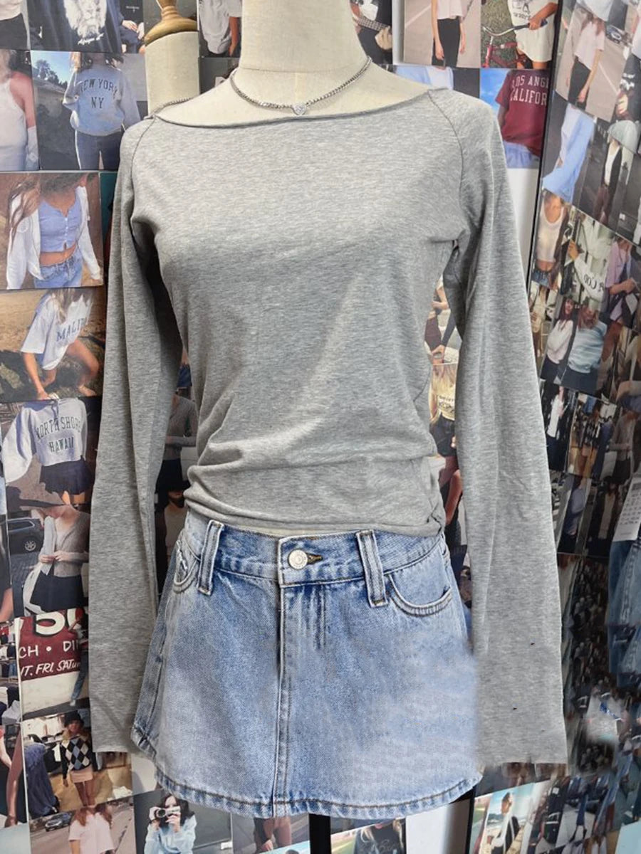 Women's Sexy Slim Raw Trim T-shirts Cotton Casual Streetwear Slash Neck Long Sleeve Tee Chic Harajuku Y2K Crop Top Vintage Mujer