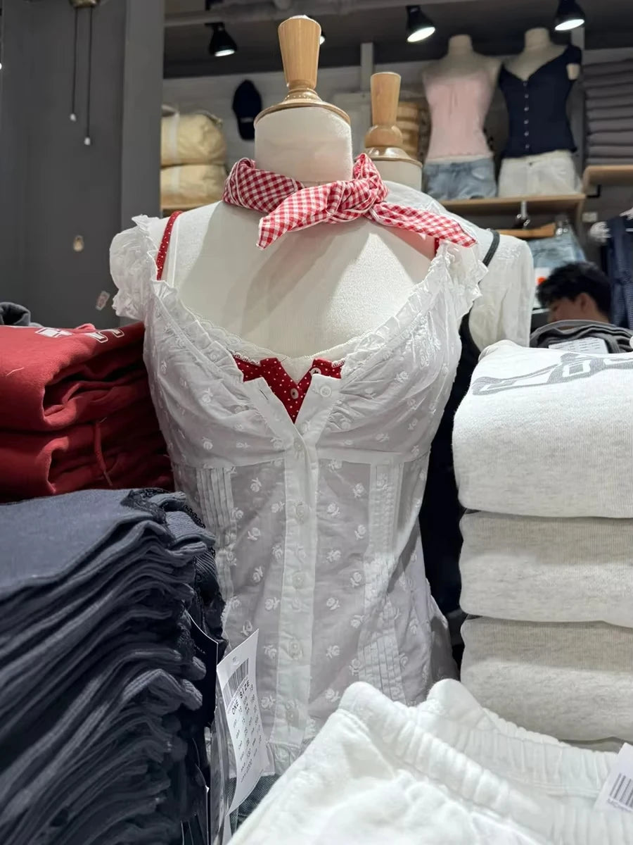 Floral Embroidery Folds Blouse Top Women Summer Single Breasted Ruffle Sleeveless Tank Tops Vest Sweet Cute American Camis New