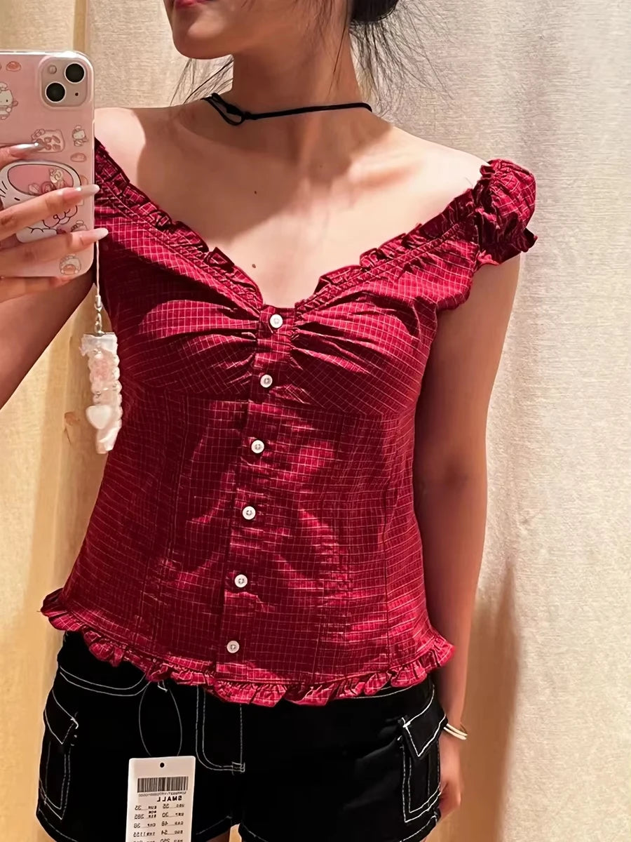 Blue Striped Folds Blouse Top Women New Casual Single Breasted Ruffle Sleeveless Tank Tops Vest Sweet Preppy Style Camisole Y2K