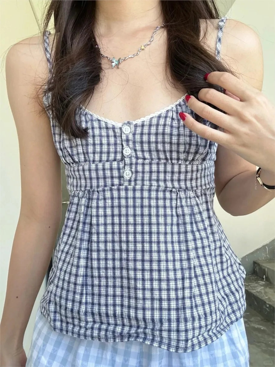 Gray Plaid Slim Buttons Tank Top Woman Summer New Lace Trim V-neck Back Lace-up Cotton Camis Vintage Sweet Chic Crop Tops Y2K