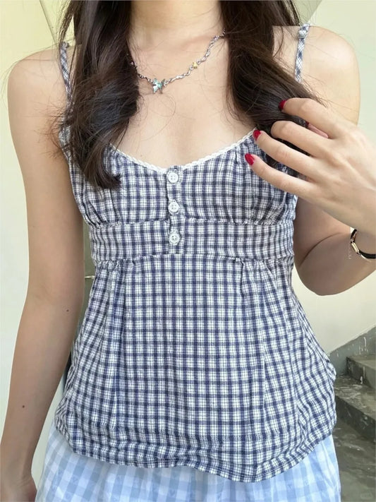 Gray Plaid Slim Buttons Tank Top Woman Summer New Lace Trim V-neck Back Lace-up Cotton Camis Vintage Sweet Chic Crop Tops Y2K