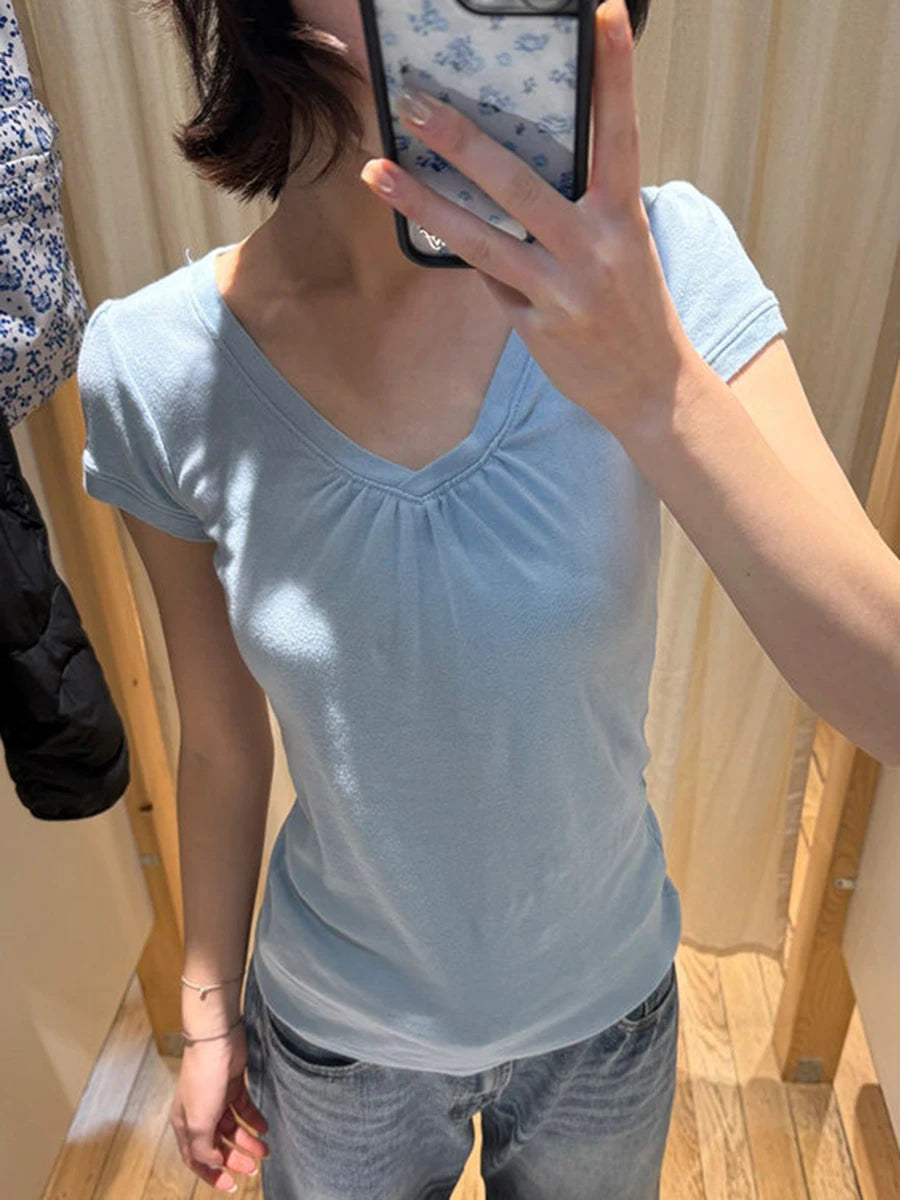 Pink V-neck Slim T-shirts Women Casual Streetwear Cotton Soft Short Sleeve Tees Sweet Cute Chic Tshirts Y2K
