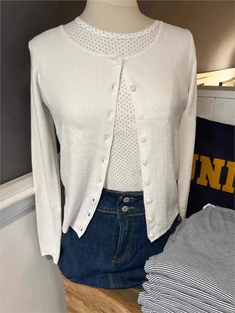 Sweet Buttons White Knitted Cardigan Women Autumn New Casual Streetwear Long Sleeve Sweater Coat Cute Simple Basic Sweaters Tops