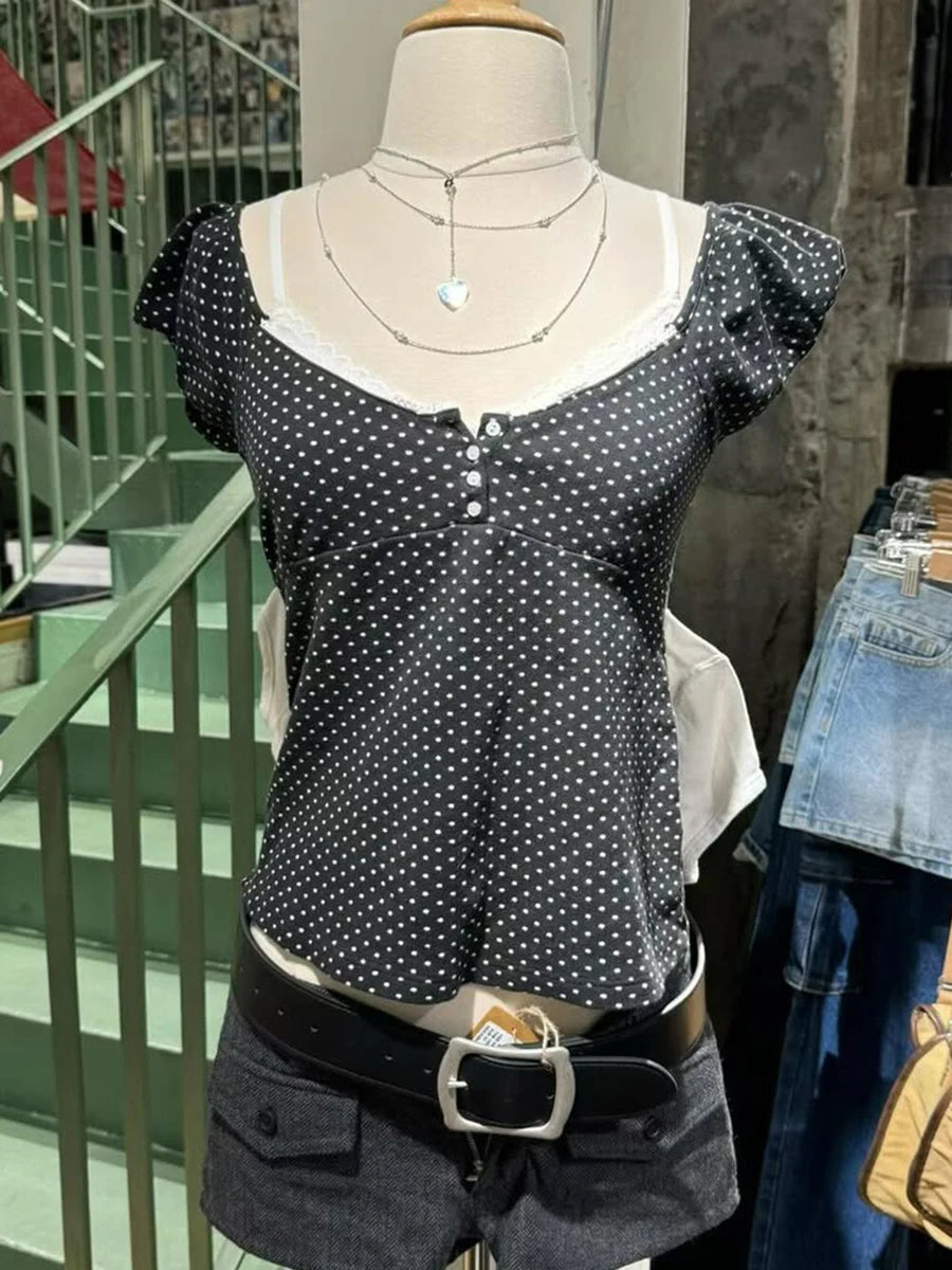 Polka Dot Lace Trim Square Collar T-shirts Women Retro Back Lace-up Slim Short Sleeve Tee Shirt Vintage Sweet Cute Tshirt Y2K