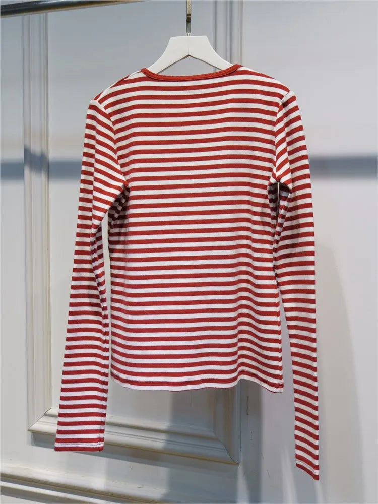Simple Striped Slim Long Sleeve T-shirt Women Lace Trim O-neck Single Breasted Cotton Tee Shirts Sweet Cute Preppy Style Top New