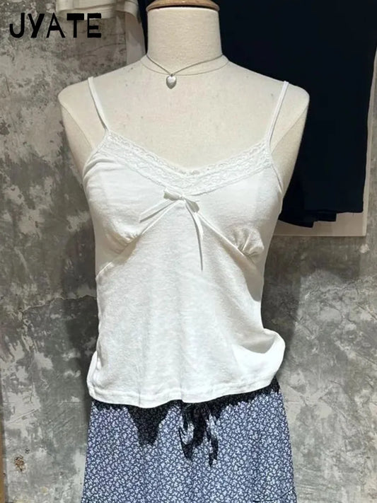 Sweet Lace Trim V-neck Bow Tank Tops Women New Basic Casual Sexy Slim Cotton Soft Sleeveless Crop Top Chic Simple Cute Camisole
