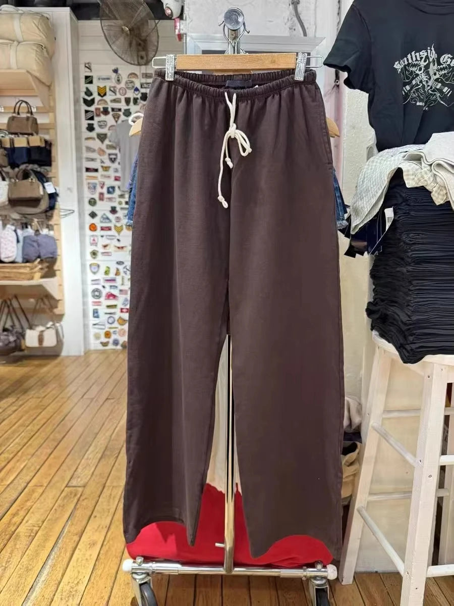 Retro Brown Drawstring Trousers Women Casual Cotton Soft High Waist  Straight Sweatpants Vintage Sweet Sport Long Pants Y2K New