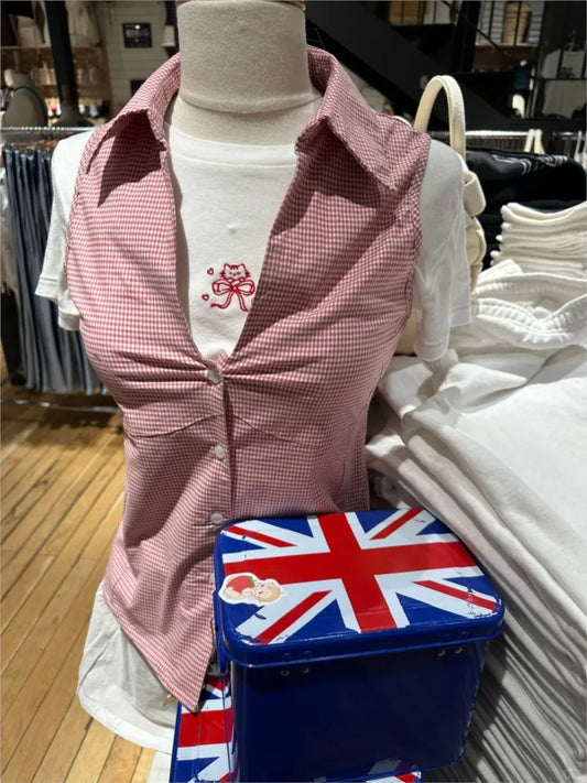Pink Blouse T-shirts Women Summer Casual Slim Turn-down Collar Sleeveless Tees Cute Sweet Preppy Style Y2K Crop Tops New