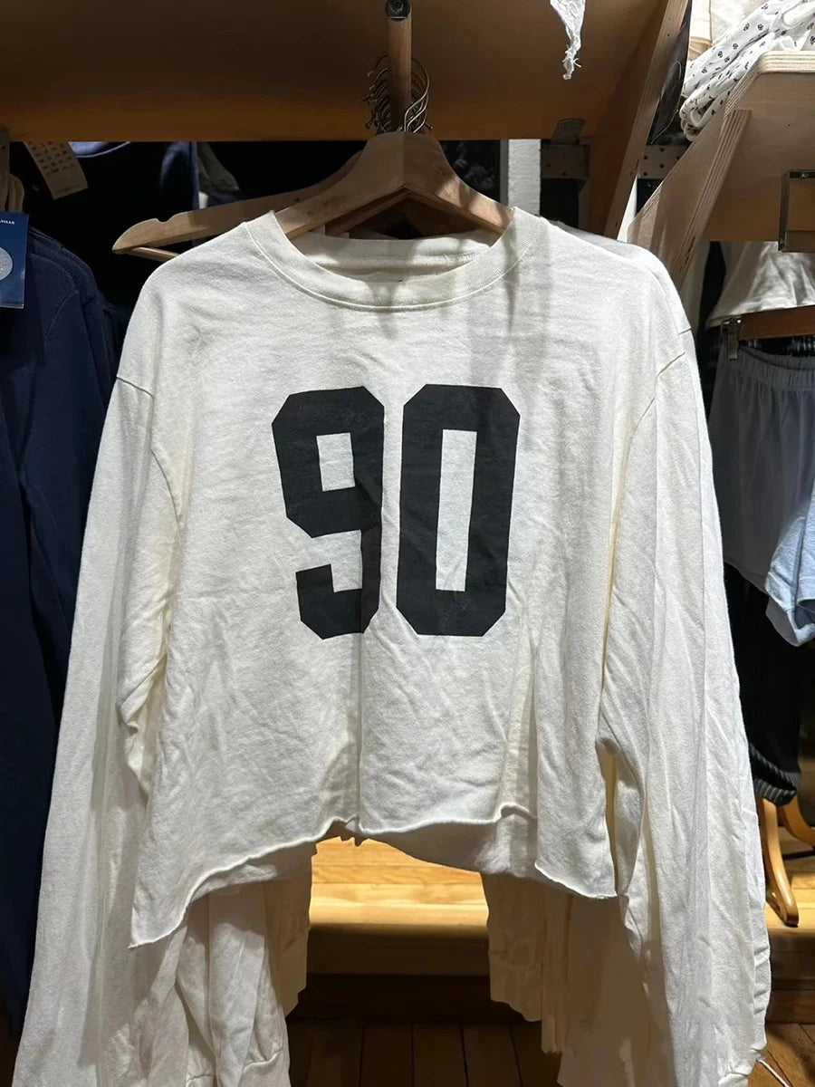 Fashion 90 Digital Print Cotton Long Sleeve Tees Women New O-neck Loose Raw Hem Streetwear Tops Simple Vintage Chic T-shirts Y2K