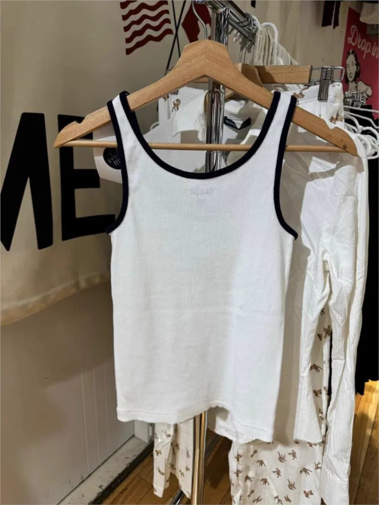 Vintage 14 Print Ribbed Slim Tank Top Women Spring U Collar Sleeveless Cotton Camisole Top Casual Streetwear Sweet Vest Y2K Tops