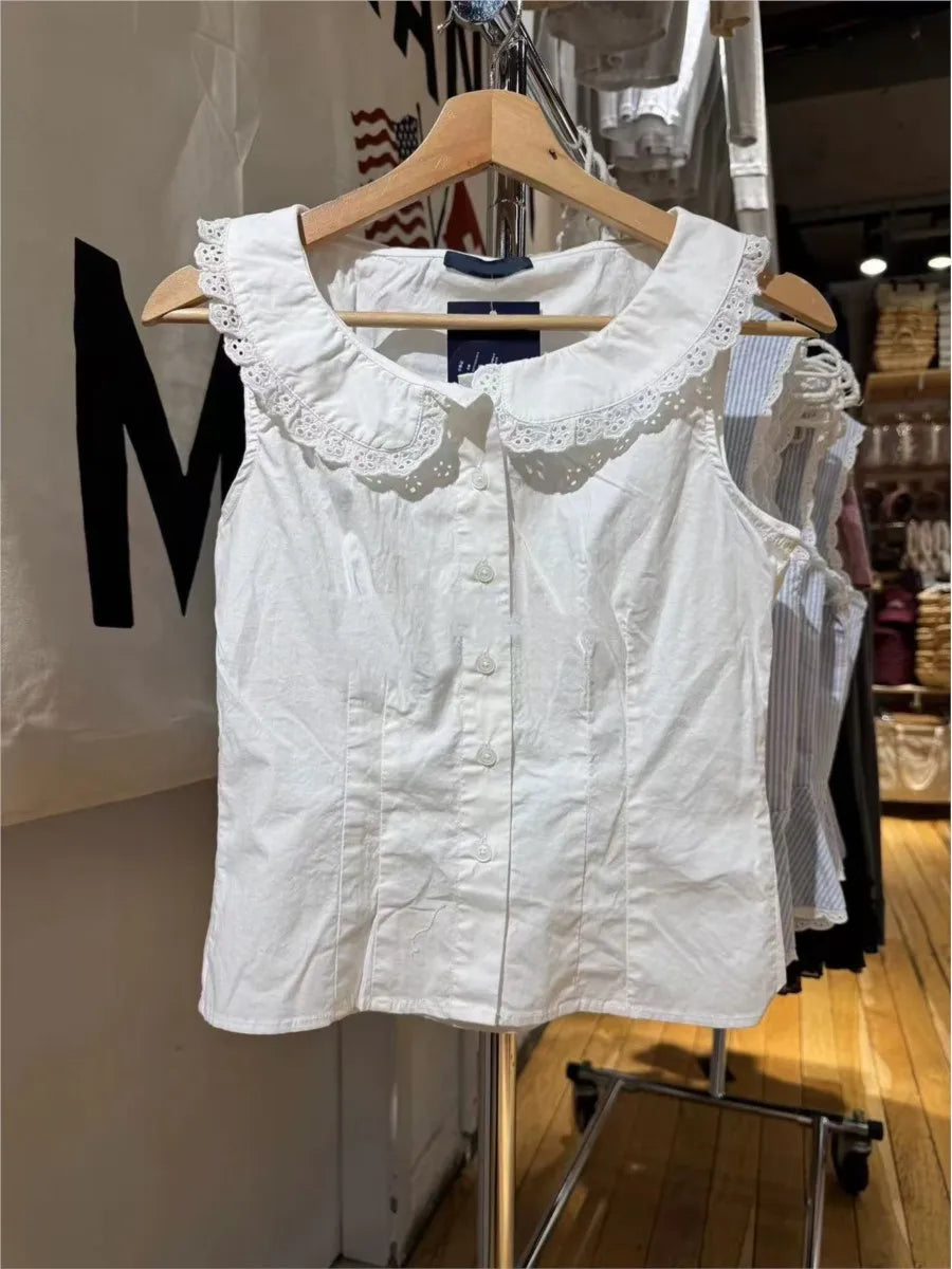 White Lace Trim Button Tank Tops Women Summer New Streetwear Slim Cotton Crop Top Female Sweet Casual Preppy Style T-shirts Y2K