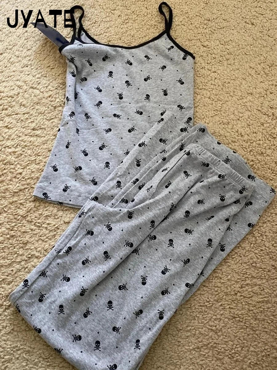 Skull Print Camisole Two Piece Set Women Summer Cotton Tank Tops+Elastic Waist Short Casual Vintage Preppy 2 Sets Y2K